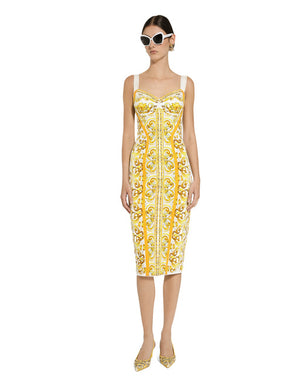 MAJOLICA-PRINT CHARMEUSE CORSET DRESS