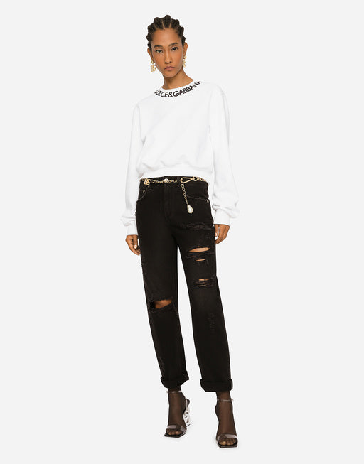 CROPPED JERSEY SWEATSHIRT WITH LOGO EMBROIDERY ON NECK