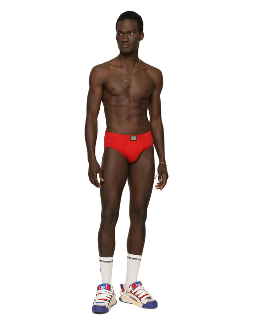 TWO-WAY-STRETCH COTTON MID-RISE BRIEFS WITH LOGO TAG