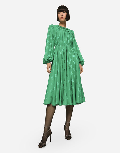 SILK CALF-LENGTH DRESS WITH ALL-OVER DG LOGO
