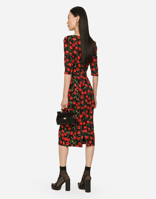 CHERRY-PRINT CHARMEUSE CALF-LENGTH DRESS