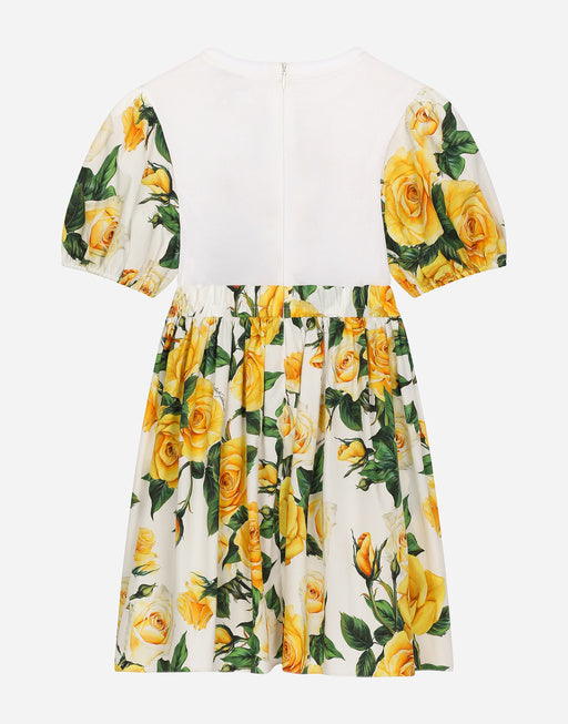 POPLIN AND JERSEY DRESS WITH YELLOW ROSE PRINT