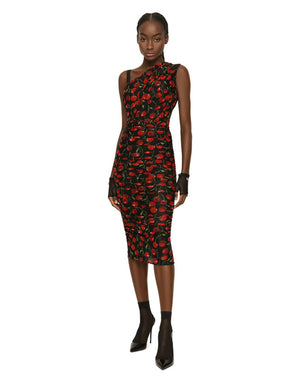 ONE-SHOULDER TULLE MIDI DRESS WITH CHERRY PRINT AND DRAPING