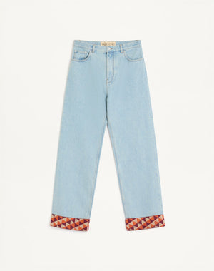 Pantalone In Denim Con Fondo In Jacquard