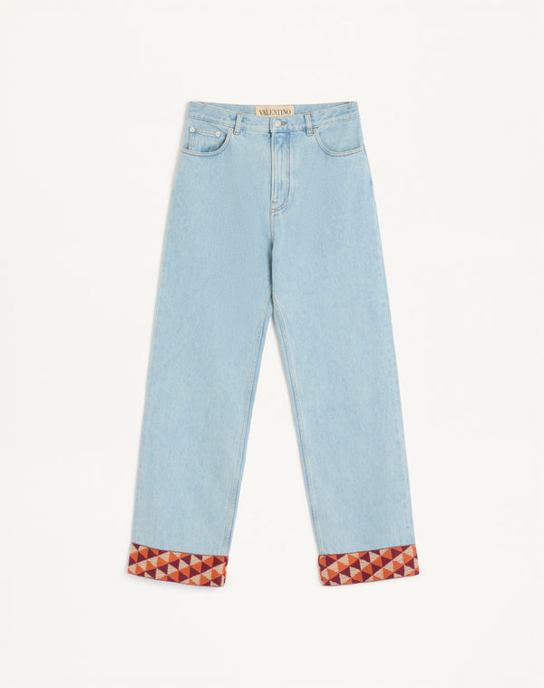 Pantalone In Denim Con Fondo In Jacquard