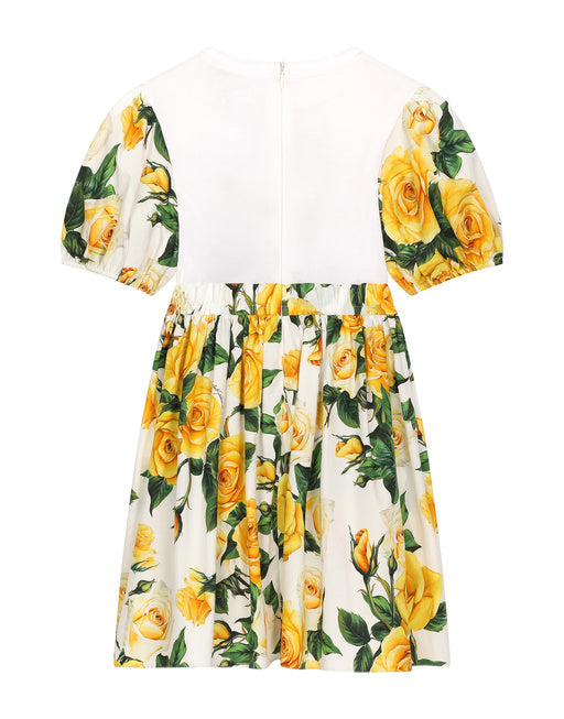POPLIN AND JERSEY DRESS WITH YELLOW ROSE PRINT