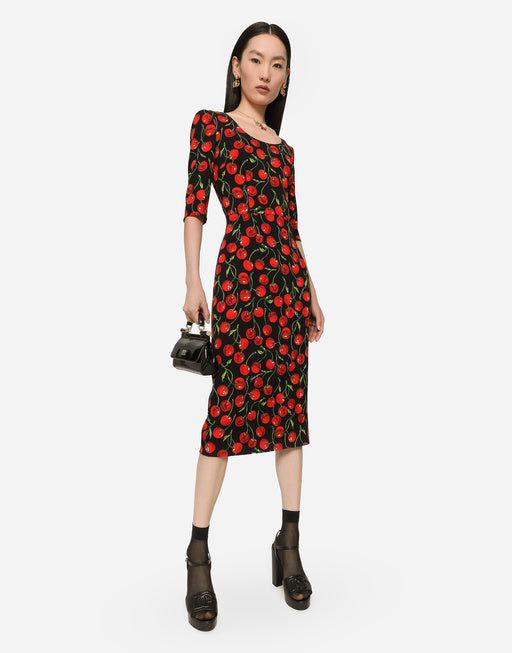 CHERRY-PRINT CHARMEUSE CALF-LENGTH DRESS