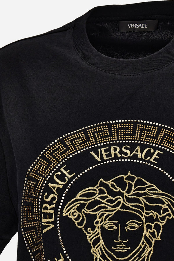 T-Shirt In Cotton Jersey-Medusa Versace Greca Thread Embroidery