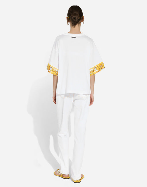 COTTON JERSEY T-SHIRT WITH MAJOLICA-PRINT SILK TWILL DETAILS