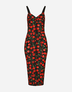 CHERRY-PRINT STRETCH CALF-LENGTH CORSET DRESS