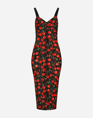 CHERRY-PRINT STRETCH CALF-LENGTH CORSET DRESS