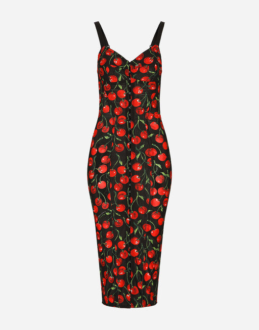 CHERRY-PRINT STRETCH CALF-LENGTH CORSET DRESS