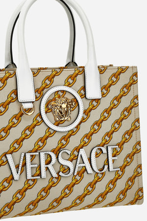 La Medusa Small Tote In Fabric St. Oblique Gold Chain Stripes-Calf Leather