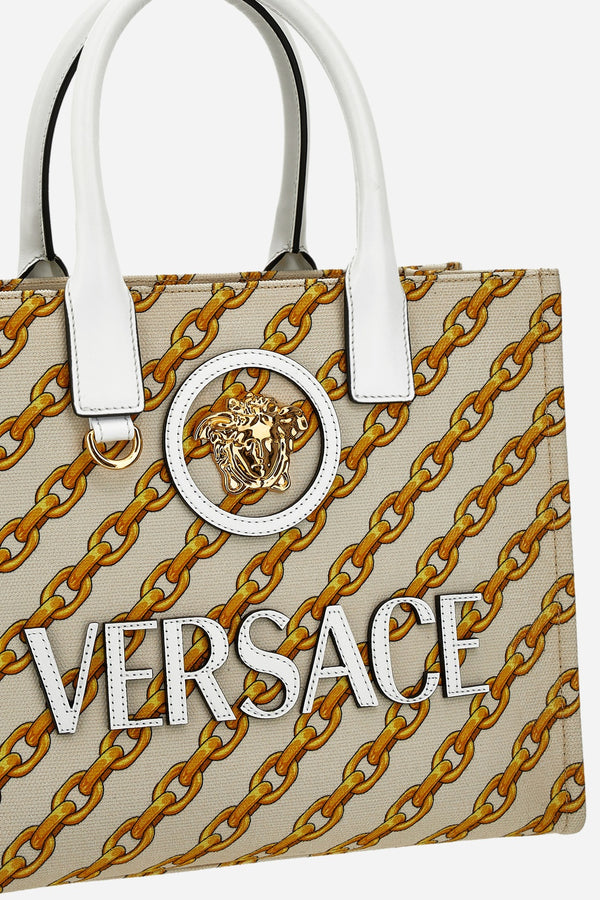 La Medusa Small Tote In Fabric St. Oblique Gold Chain Stripes-Calf Leather