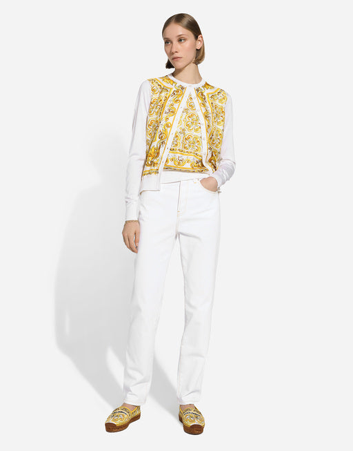 SLEEVELESS SILK SWEATER WITH MAJOLICA-PRINT SILK TWILL PANEL ON THE FRONT