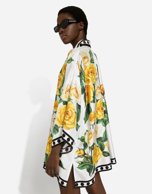 OVERSIZE SILK SHIRT WITH YELLOW ROSE PRINT