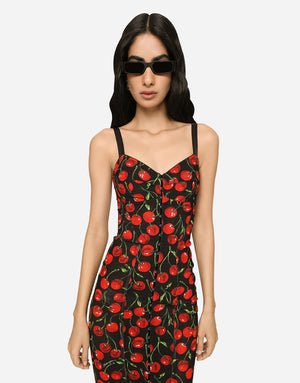 CHERRY-PRINT STRETCH CALF-LENGTH CORSET DRESS