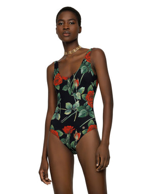 ROSE-PRINT ONE-PIECE SWIMSUIT