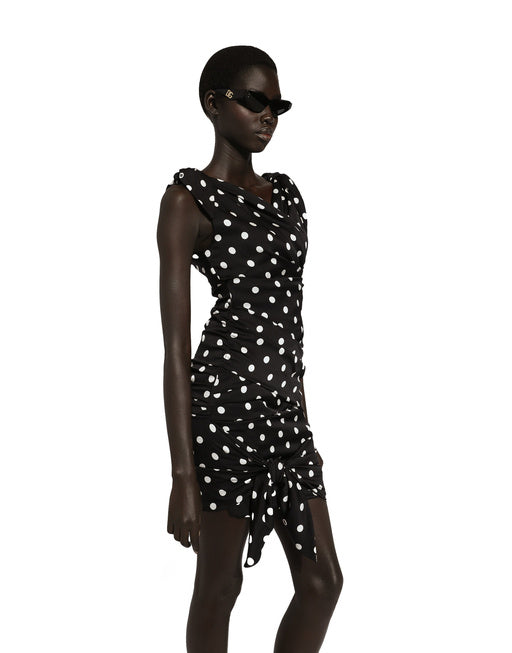 CHARMEUSE MIDI DRESS WITH DRAPING AND POLKA-DOT PRINT