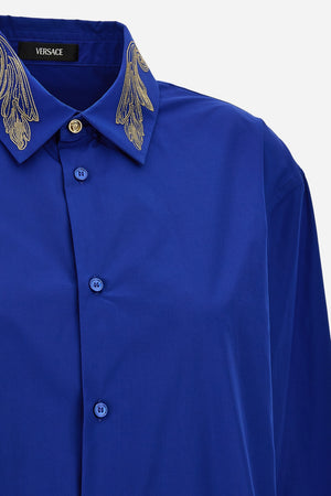Informal Shirt In Poly Cotton Poplin Fabric-Leaf Embroidery Collar-Versace Emb.