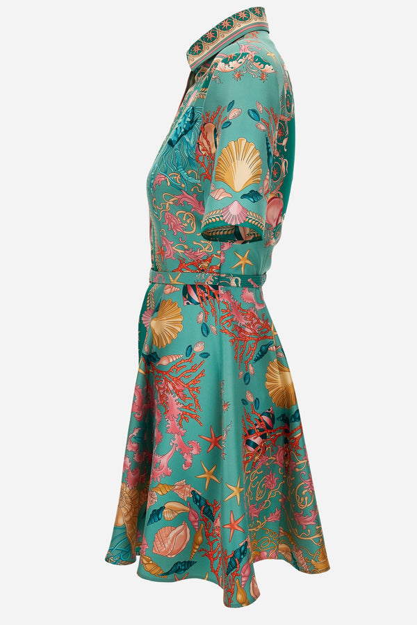 Dress In Underwater Barocco Foulard On Silk Twill