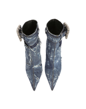 PATCHWORK DENIM ANKLE BOOTS WITH RHINESTONE BUCKLE