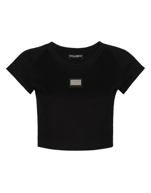 CROPPED JERSEY T-SHIRT WITH DOLCE&GABBANA PLAQUE