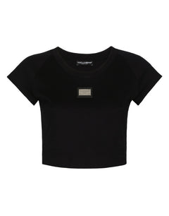 CROPPED JERSEY T-SHIRT WITH DOLCE&GABBANA PLAQUE