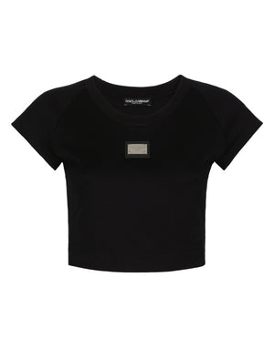CROPPED JERSEY T-SHIRT WITH DOLCE&GABBANA PLAQUE