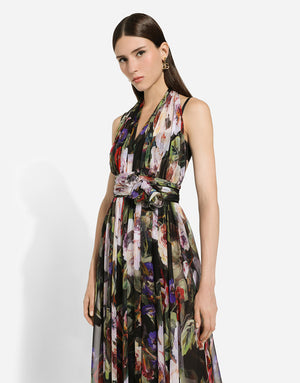 CHIFFON CALF-LENGTH DRESS WITH ROSE GARDEN PRINT