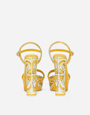 POLISHED CALFSKIN PLATFORM SANDALS WITH MAJOLICA PRINT