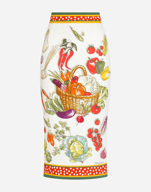 VEGETABLE-PRINT CHARMEUSE CALF-LENGTH SKIRT