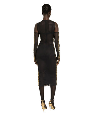 FOILED ORGANZINE CALF-LENGTH DRESS WITH GLOVES