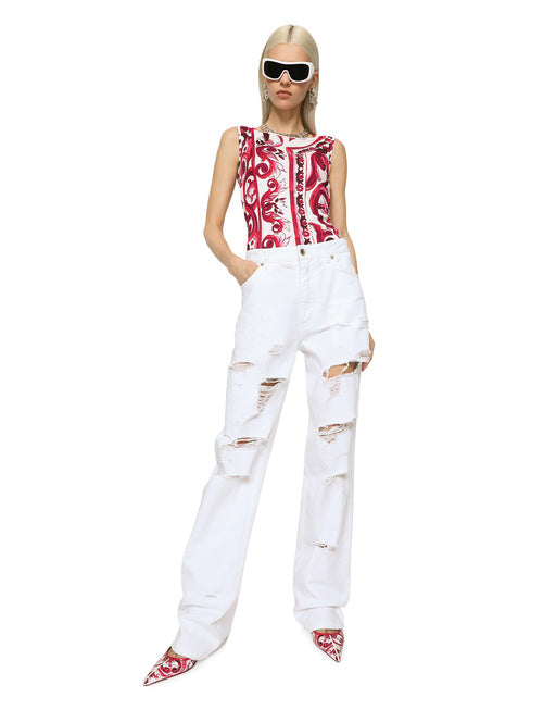 SLEEVELESS ORGANZINE TOP WITH MAJOLICA PRINT