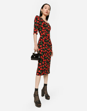 CHERRY-PRINT CHARMEUSE CALF-LENGTH DRESS