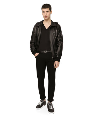 LEATHER JACKET WITH HOOD AND LOGO PLAQUE