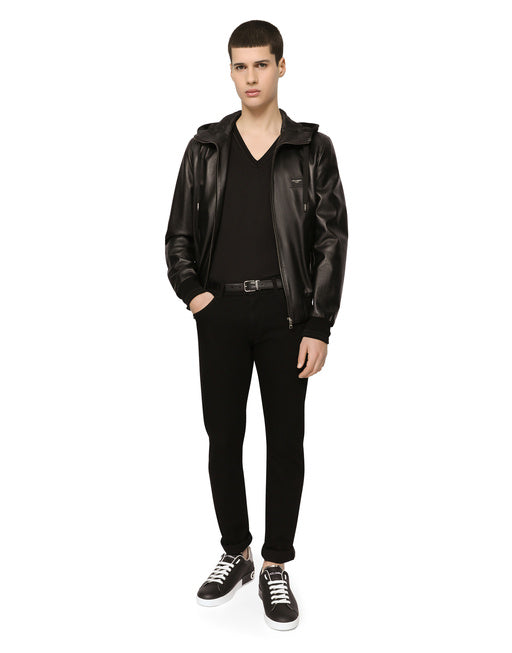 LEATHER JACKET WITH HOOD AND LOGO PLAQUE