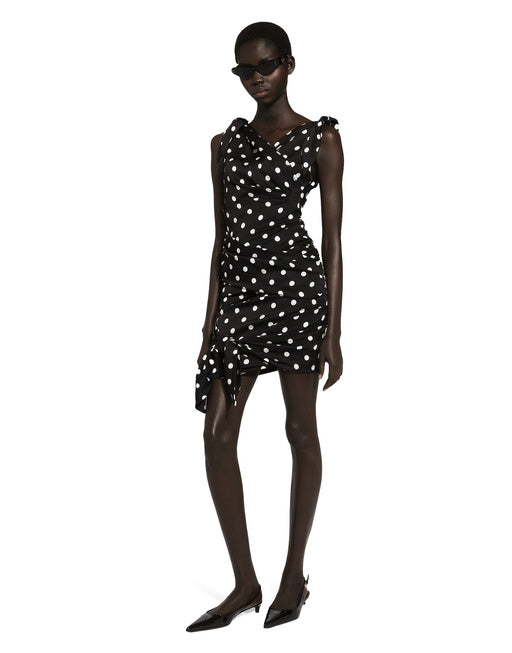 CHARMEUSE MIDI DRESS WITH DRAPING AND POLKA-DOT PRINT