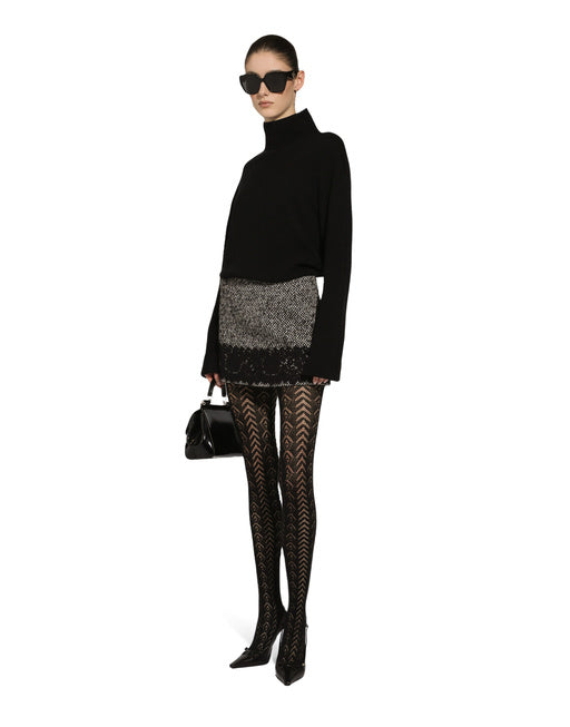 SHORT MICRO-TWEED SKIRT WITH LACE INSERT