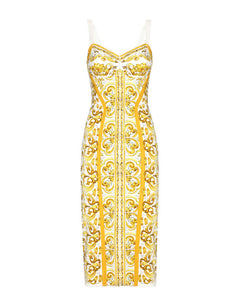 MAJOLICA-PRINT CHARMEUSE CORSET DRESS