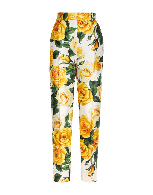 HIGH-WAISTED MIKADO PANTS WITH YELLOW ROSE PRINT