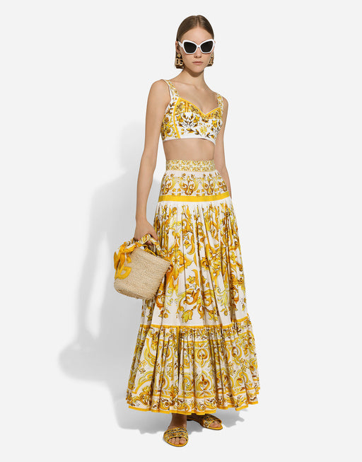 LONG MAJOLICA-PRINT POPLIN SKIRT WITH RUFFLES