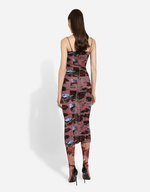 TULLE SLIP DRESS WITH DRAPING AND VINTAGE ROSE PRINT