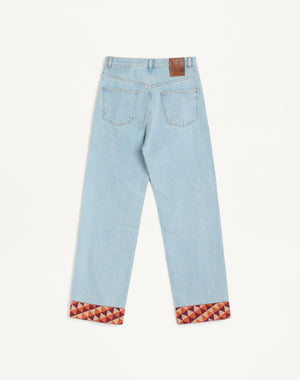 Pantalone In Denim Con Fondo In Jacquard