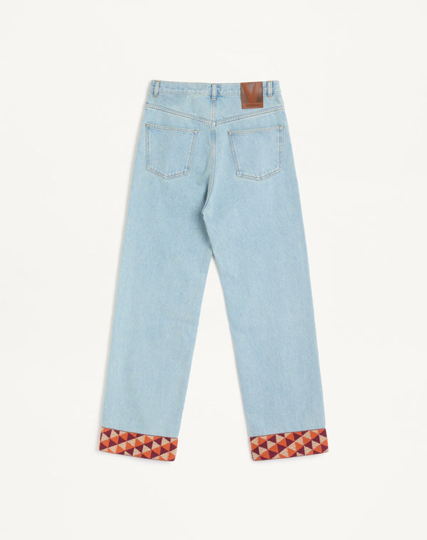 Pantalone In Denim Con Fondo In Jacquard