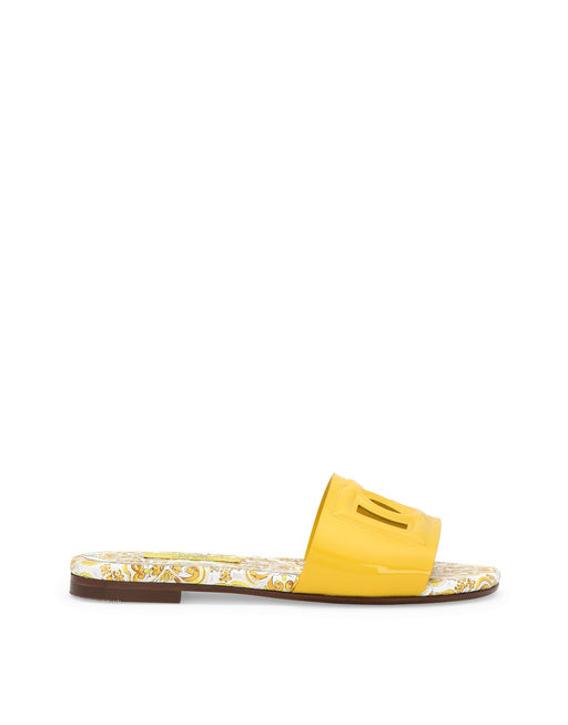 PATENT LEATHER SLIDERS WITH YELLOW MAJOLICA PRINT AND CUT-OUT DG DETAIL