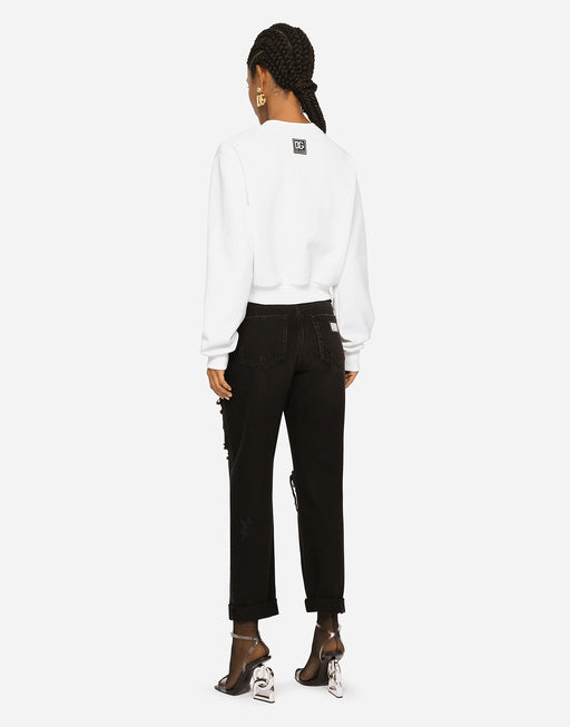 CROPPED JERSEY SWEATSHIRT WITH LOGO EMBROIDERY ON NECK