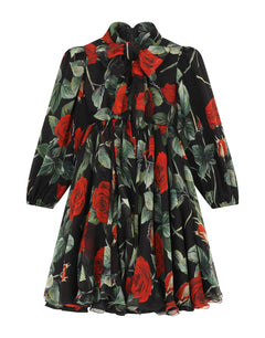 LONG ROSE-PRINT CHIFFON DRESS