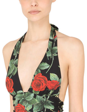 ROSE-PRINT ONE-PIECE SWIMSUIT WITH PLUNGING NECKLINE