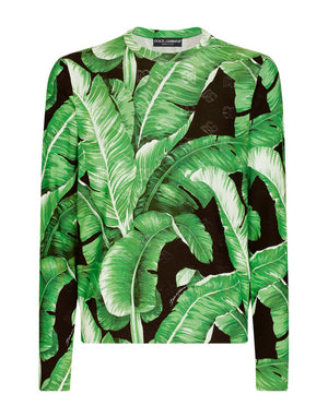 ROUND-NECK SILK SWEATER WITH BANANA TREE PRINT